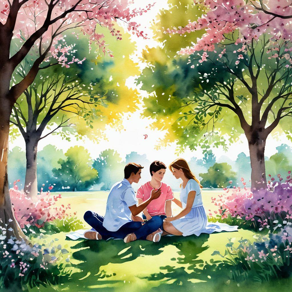 A romantic scene featuring a couple sitting together in a sunny park, engaged in a deep conversation while surrounded by blossoming flowers, symbolizing growth and commitment. In the background, a series of subtle heart shapes made of leaves can be seen, representing lasting love. Soft colors and warm lighting should create a feeling of intimacy and connection. watercolor painting style.