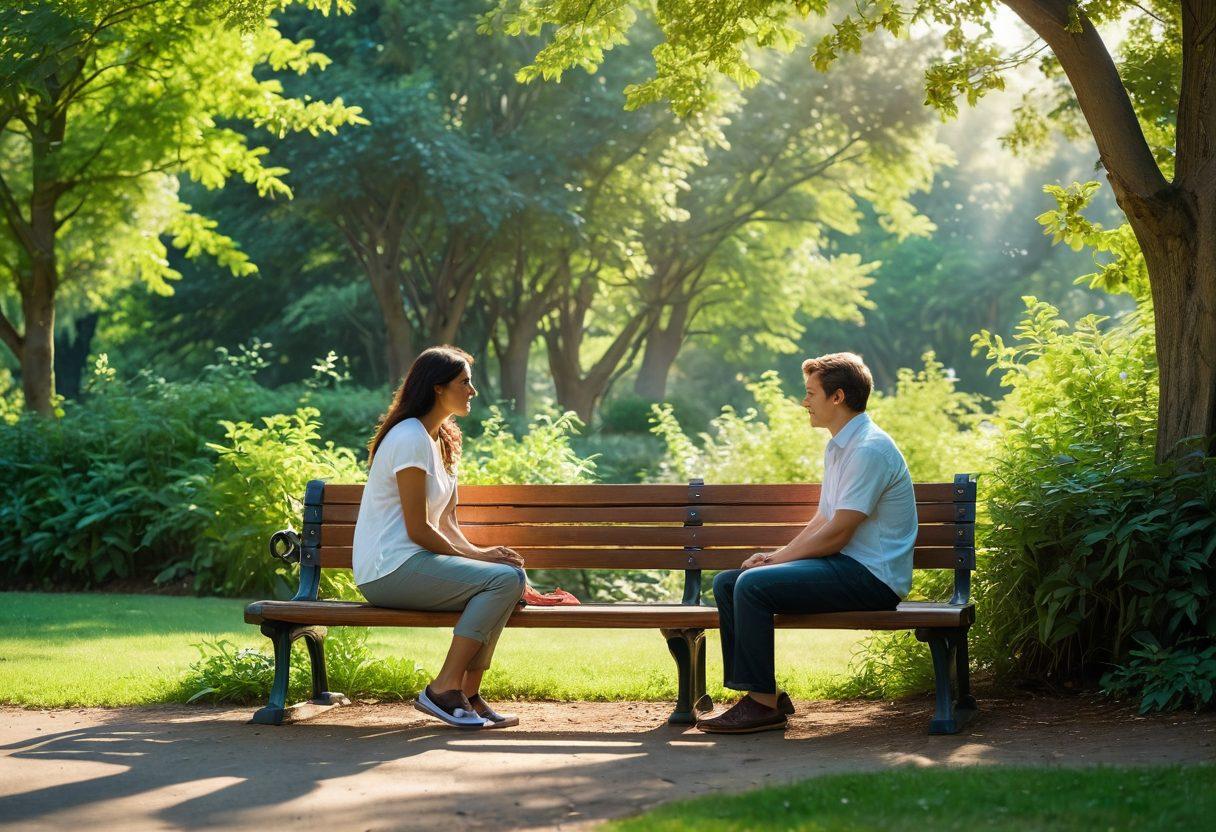 A serene scene depicting two figures sitting on a park bench, deeply engaged in conversation, surrounded by lush greenery and soft sunlight filtering through trees. Their body language suggests trust and intimacy, with subtle visual elements like hearts or gentle light beams connecting them. In the background, abstract representations of emotions—such as warm colors or flowing lines—symbolizing emotional connections. super-realistic. vibrant colors. soft focus.
