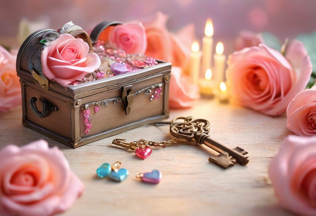 A heart-shaped key unlocking a sparkling treasure chest filled with glowing symbols of love, such as roses, hearts, and intertwined hands. The background features soft pastel colors that evoke warmth and connection, with subtle light rays shining down on the chest. The scene is enchanting and inviting, illustrating the theme of discovering love's secrets. vibrant colors. soft focus.